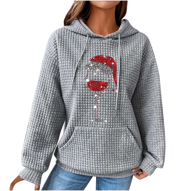 Timegard Hoodies for Women Christmas Print Plus Size Drawstring Sweatshirts Pullover Comfy Long Sleeve Tops
