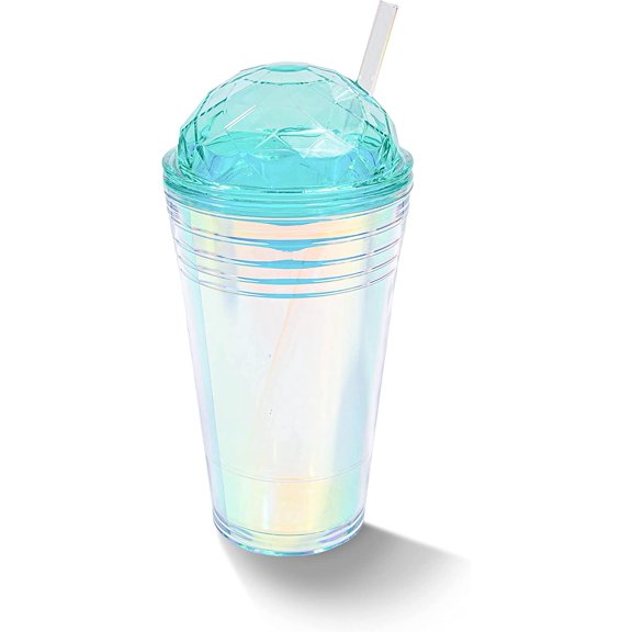 Shop Uwu Reusable Plastic Cup With Lid And Straw - Double Walled Insulated Cup With Crystal Dome Lid; Cold Drink Tumbler With Straw; Reusable Transparent Iridescent Cups - 560ml