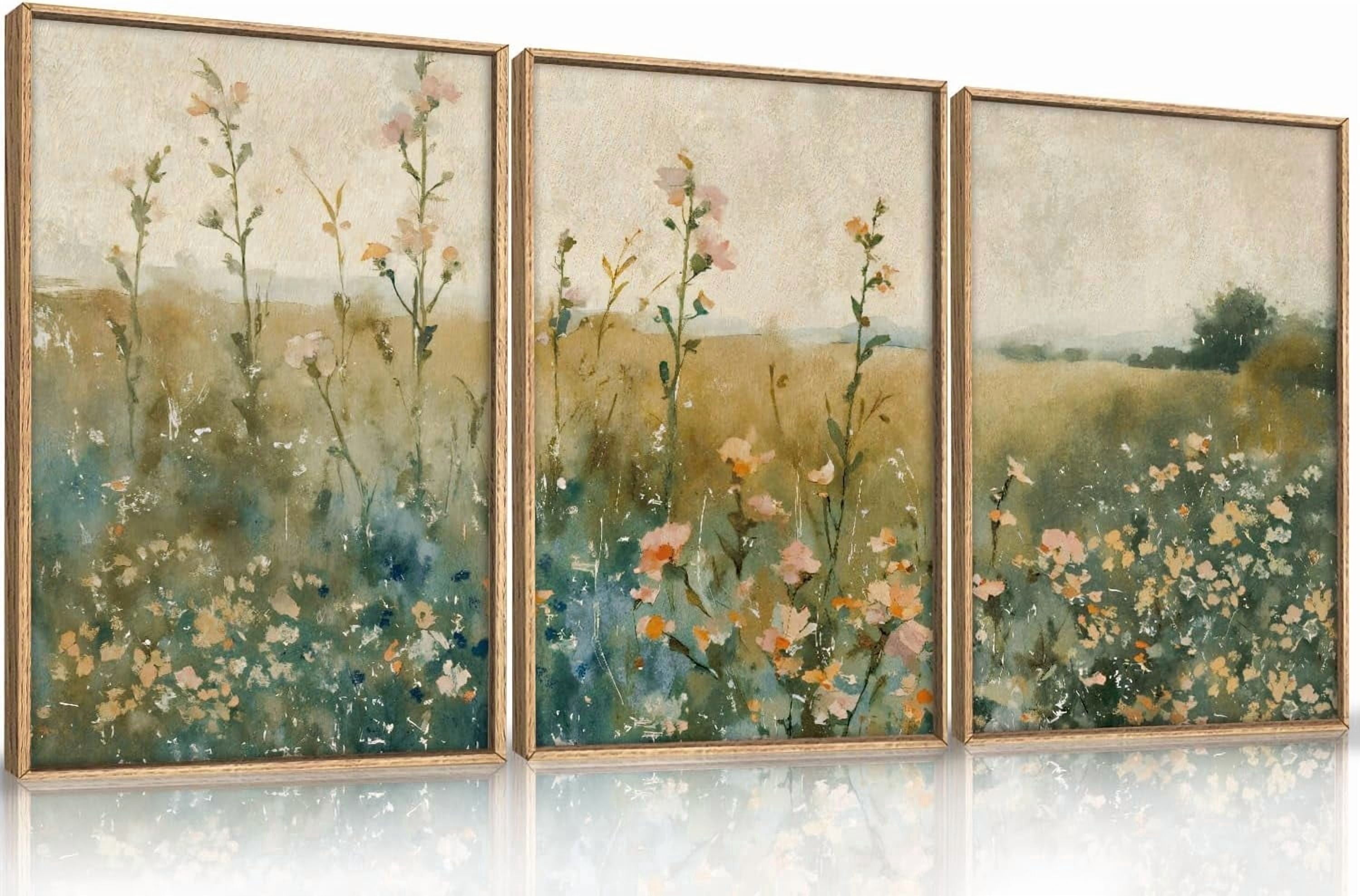 Vintage Watercolor Wildflower Landscape 3 Piece Wall Art Framed, Large Retro Floral Wall Decor(16x24), Nature Wilderness Farmhouse Rustic Field Canvas Painting for Living Room, Bedroom, Office