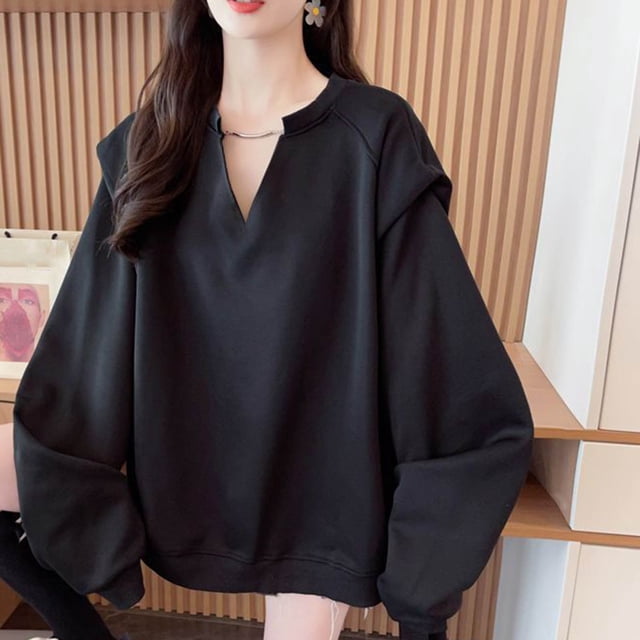 HongQid Womens Oversized Sweatshirts Fall Fashion V Neck Hoodies Loose Fit Winter Outfits Teen Girl Clothes