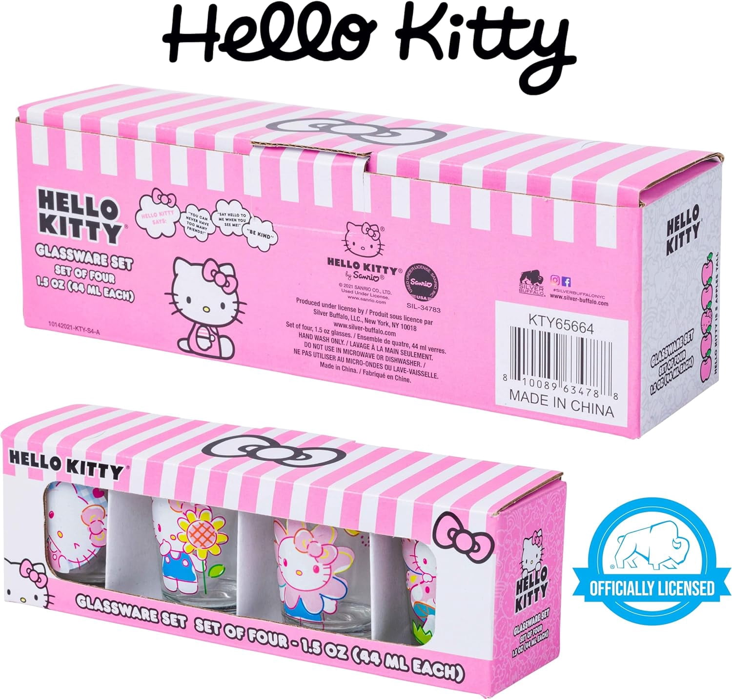 Silver Buffalo Sanrio Hello Kitty Spring Garden Flowers 4 pack Mini Glass Set, 1.5 Ounces