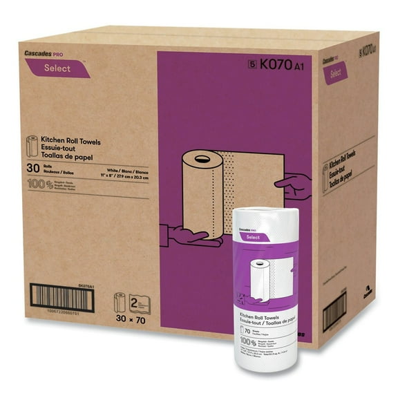 Cascades PRO Select Perforated Kitchen Roll Towels, 2-Ply, 8 x 11, White, 70/Roll, 30 Rolls/Carton -CSDK070