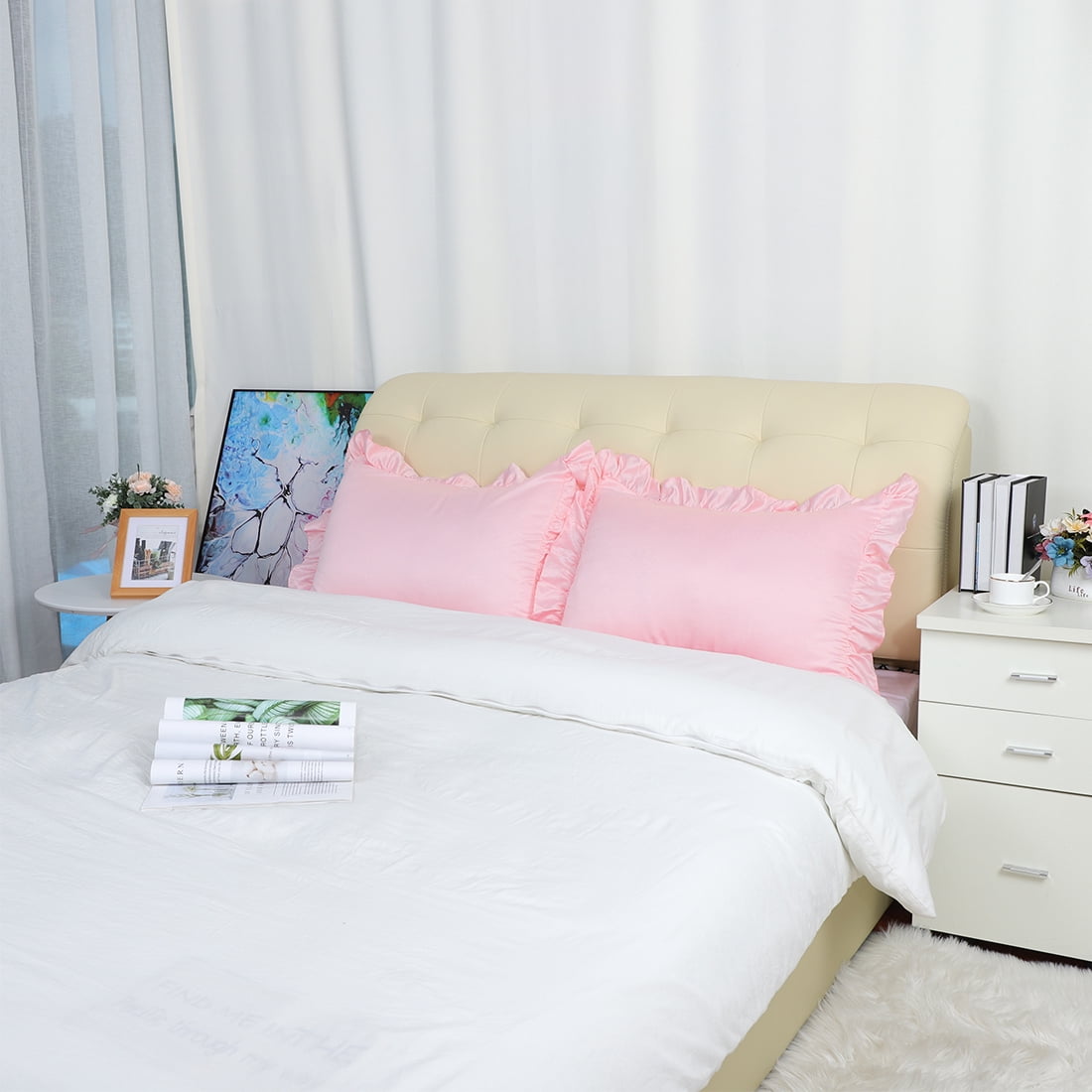 Unique Bargains 2-Piece Satin Ruffled Edge Pillowcases, Boudoir, Pink