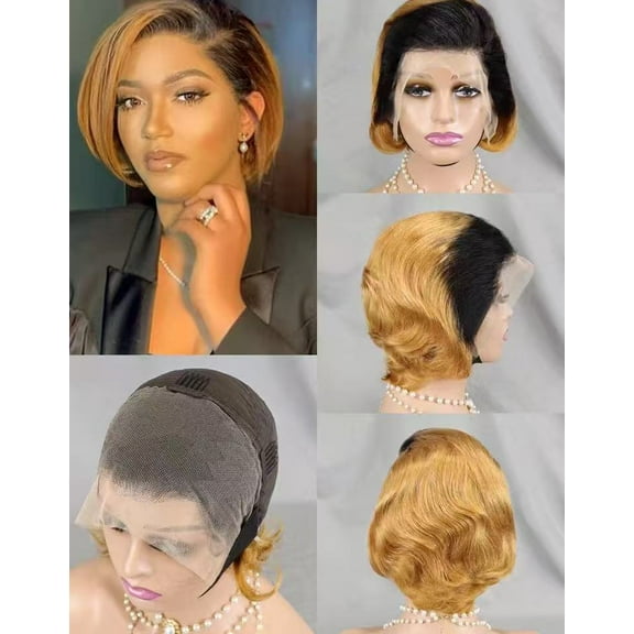 LEMENTINE Frontal Lace Glueless Pixie Cut Wig many Colors wave style 180% High-Density Pre-Plucked Human Hair Wigs