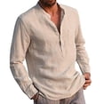 thumbnail image 4 of Huresd Mens Cotton Linen Henley Shirts Long Sleeve Summer Casual T-Shirt Regular Fit Lightweight Yoga Tops with Pocket Khaki 4XL, 4 of 7
