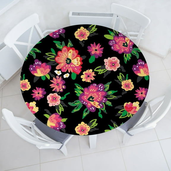 Ambesonne Floral Inspiration Fitted Round Tablecloth, Colorful Garden, 36"- 40" Diameter, Coral Purple Multicolor