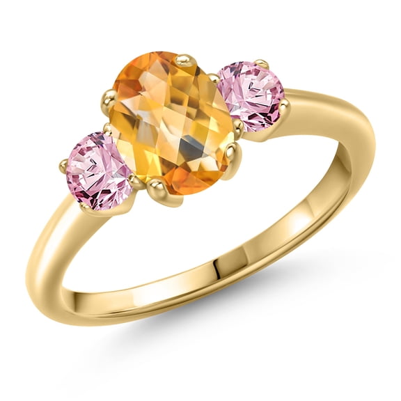 Gem Stone King 10K Yellow Gold Yellow Citrine and Pink Lab Grown Diamond Engagement Ring for Women | 1.75 Cttw | Oval Checkerboard 8X6MM | Gemstone November Birthstone | Size 5