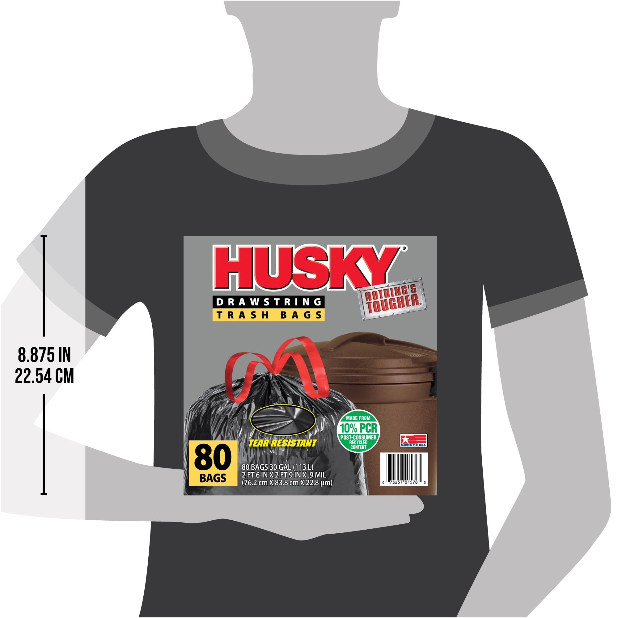 Husky Large Trash Bags, 30 Gallon, 80 Black Bags (Unscented, Tear-Resistant, Drawstring, 10% PCR)