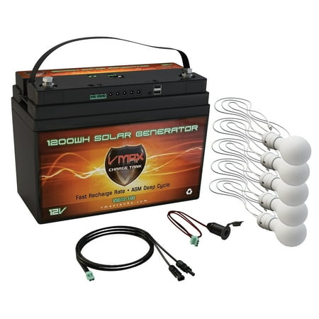 - VMAX VSG12-100L5 Portable Solar Generator Kit 1,300Wh AGM Rechargeable Battery w/ 5 LED 7watt Lights, Solar Panel Input w/Built in Charge Controller, 12V Cigarette Lighter Socket, Dual USB Inputs