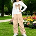 thumbnail image 3 of Iyufng 2 Piece Outfits for Girls Bow Printed Long Sleeve T-Shirt and Cargo Pants, Girls Summer Casual Two Piece Sets, Size 5-15 Years, 3 of 7