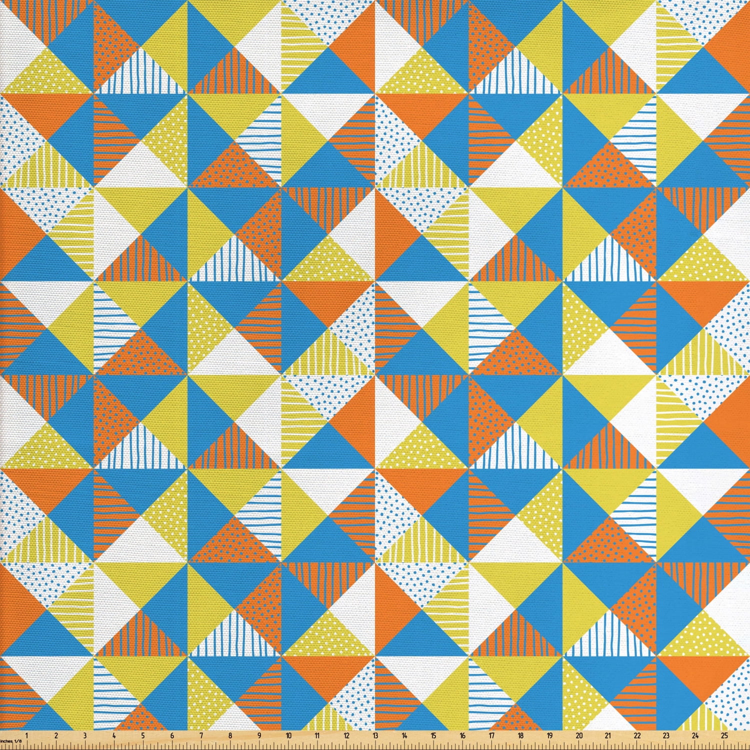 Geometric Fabric by The Yard, Stripes and Dots Pattern on Grid Style Triangles Ornate