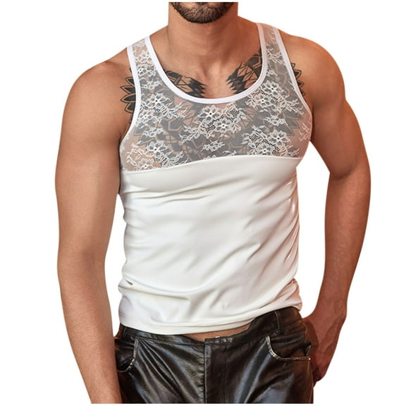 Donemore Men's Mesh Breathable Sleeveless Round Neck Shirt Fashion Sexy Trendy Design Lightweight Casual Tank Top