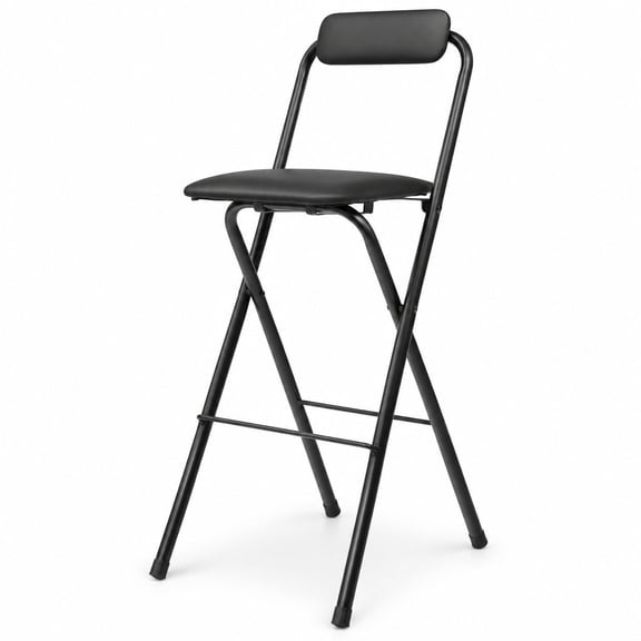Tall Folding Bar Stool with Backrest, Portable High Counter Seat Leather Cushion, Foldable Stool for Kitchen Island Cafe Dining Room, 29.5in Black