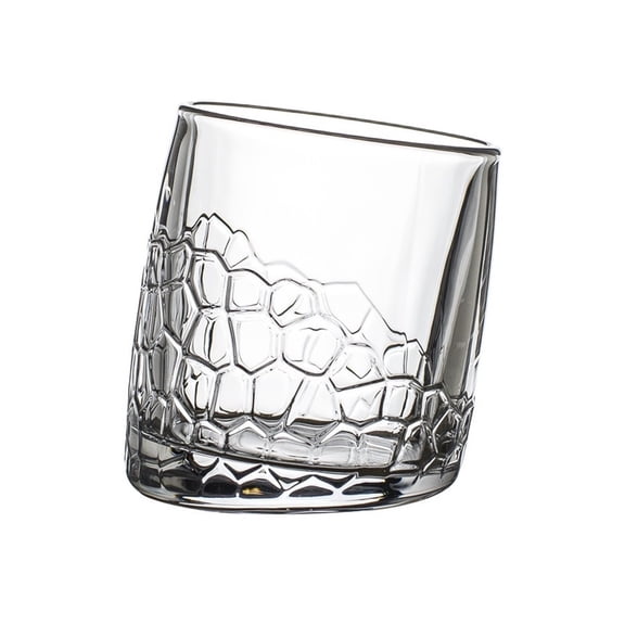 Tilted Rim Embossed Drinking Glasses, 9 Oz Clear Stemless Lead-free Whiskey Glasses for Home, Bar and Party