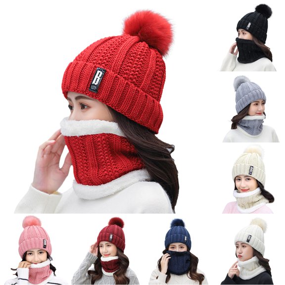 HNMKIU Women Men Winter Knit Warm Hat Scarf Set Purpose Earflap Windproof Headwear Cozy Neck Gaiter Outdoor Cycling Skiing Travel Accessory Red - One Size