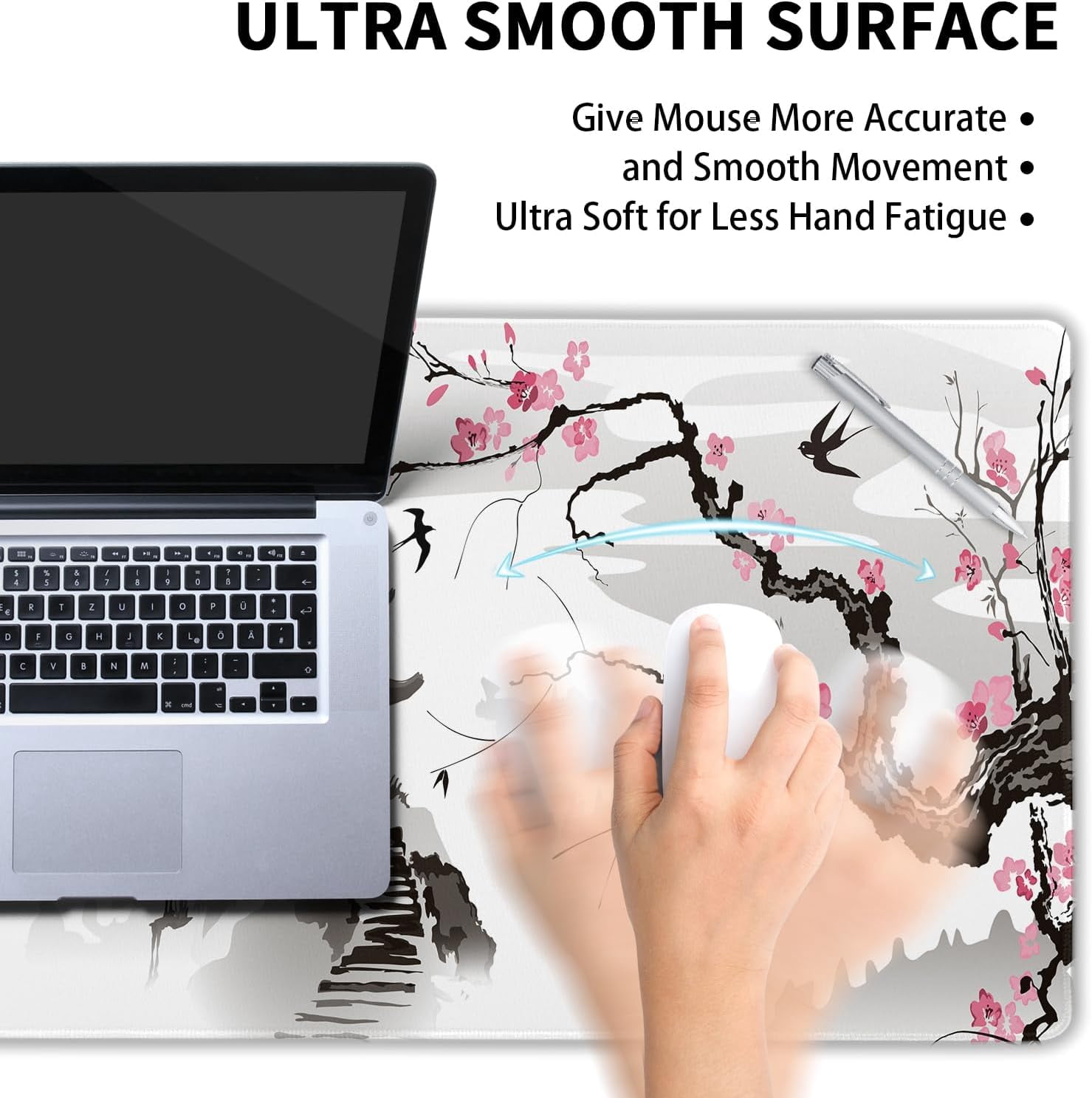 Japanese Cherry Blossom Gaming Mouse Pad XL Large Extended Sakura Desk Pad Non-Slip Rubber Base 31.5”×11.8” with Stitched Edges Waterproof Pads Computer Gaming Mousepads for Work Game Office Home