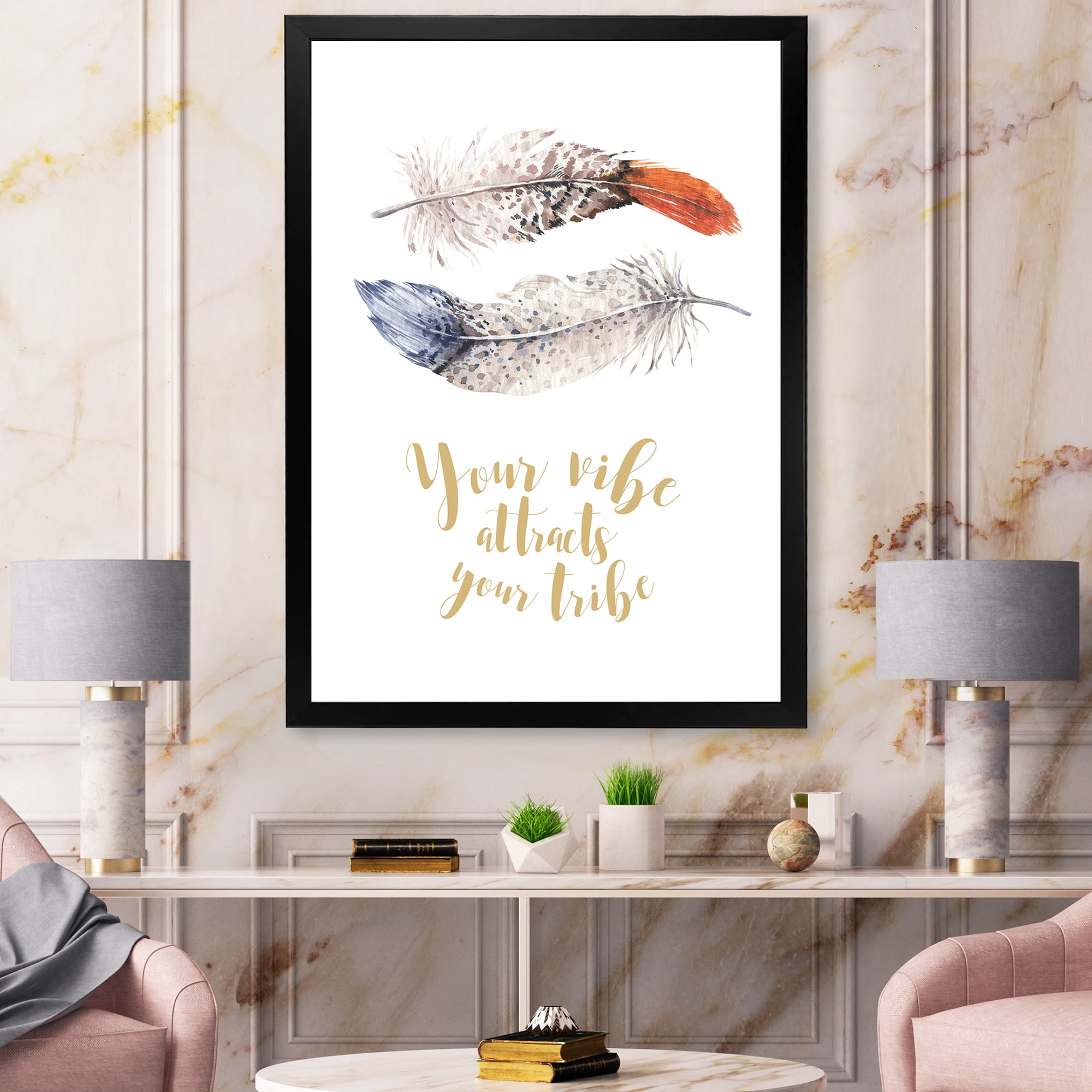 Designart 'Your VIbe Attracts Your Tribe Two Feathers ' Bohemian & Eclectic Framed Art Print