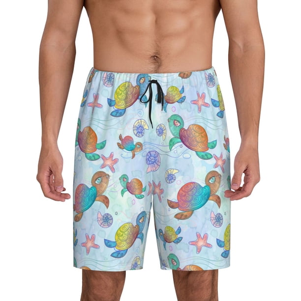Balery Colorful Sea Turtle Pantalones cortos de pijama de punto de algodón para hombre con cinturilla y bolsillos-3X-Large