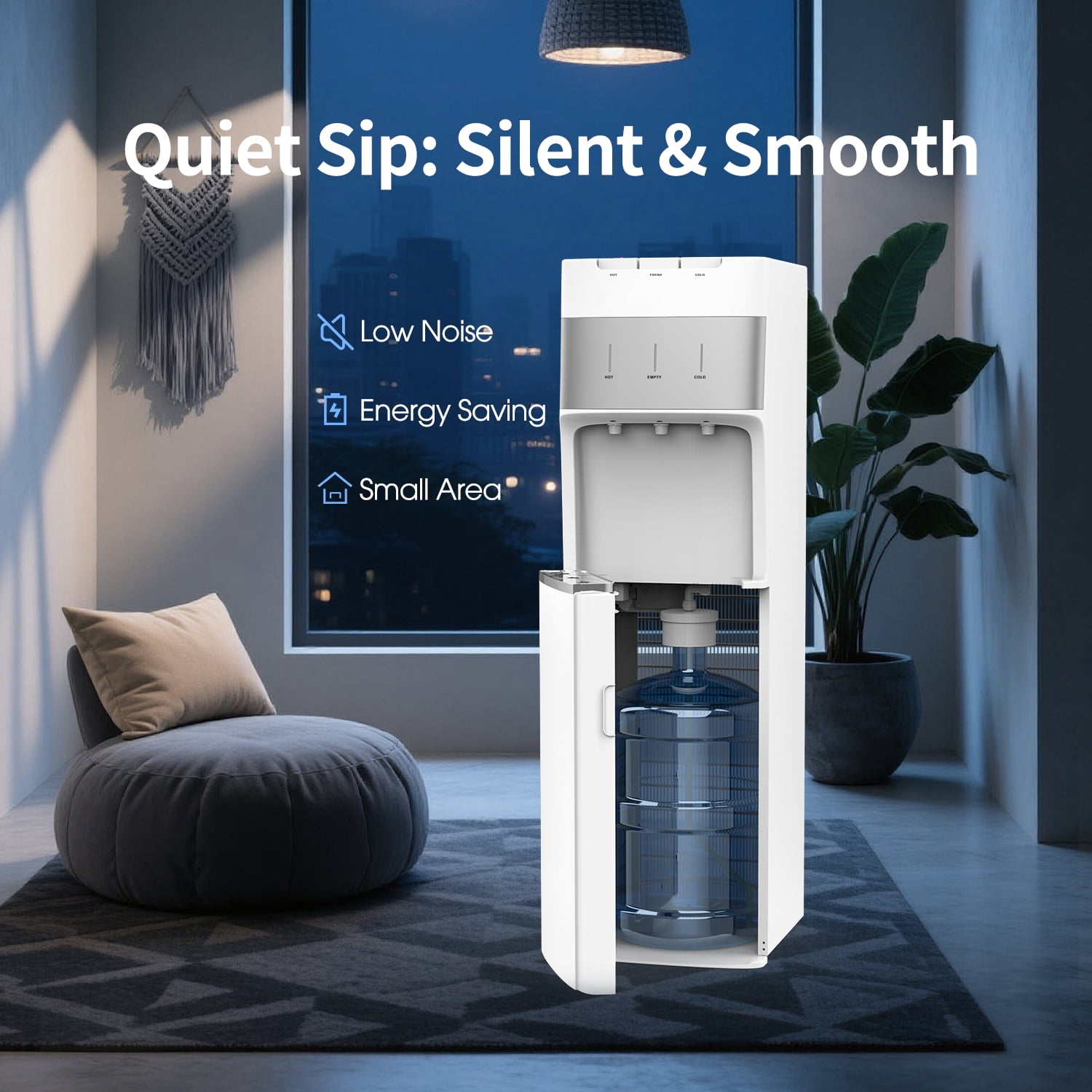 SOOPYK Bottom Loading Water Cooler Dispenser for 5 Gallon Bottle - 3 Temperatures (Hot/Cold/Room) with Child Safety Lock, Stainless Steel Tank, White & Silver, for Home & Office