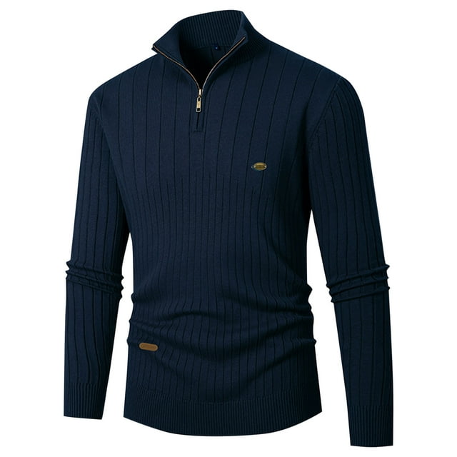 Fall Sweaters for Men with Zipper Stand Collared Long Sleeve Knitted Sweatshirts Stretchy Slim-Fit Pullover Solid Color Office Work Sweater Shirts