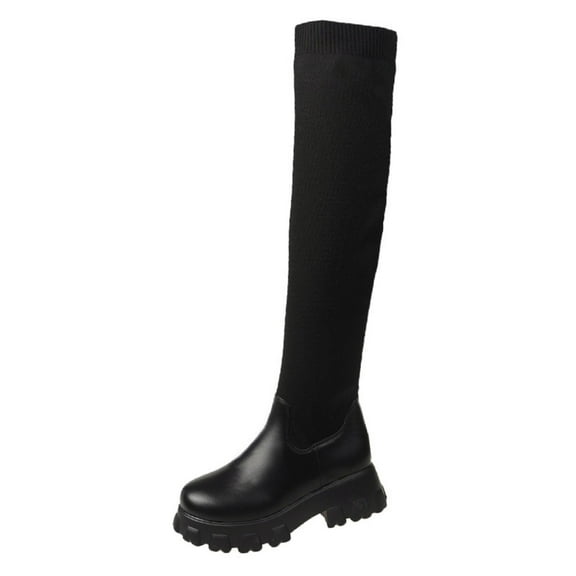 Juebong Knee High Boots for Women Gogo Boots 70s Boots,Leather Square Toe Chunky Knee High Platform Dress Boots, Fashion Long Chunky Tall Gogo Boots for Fall