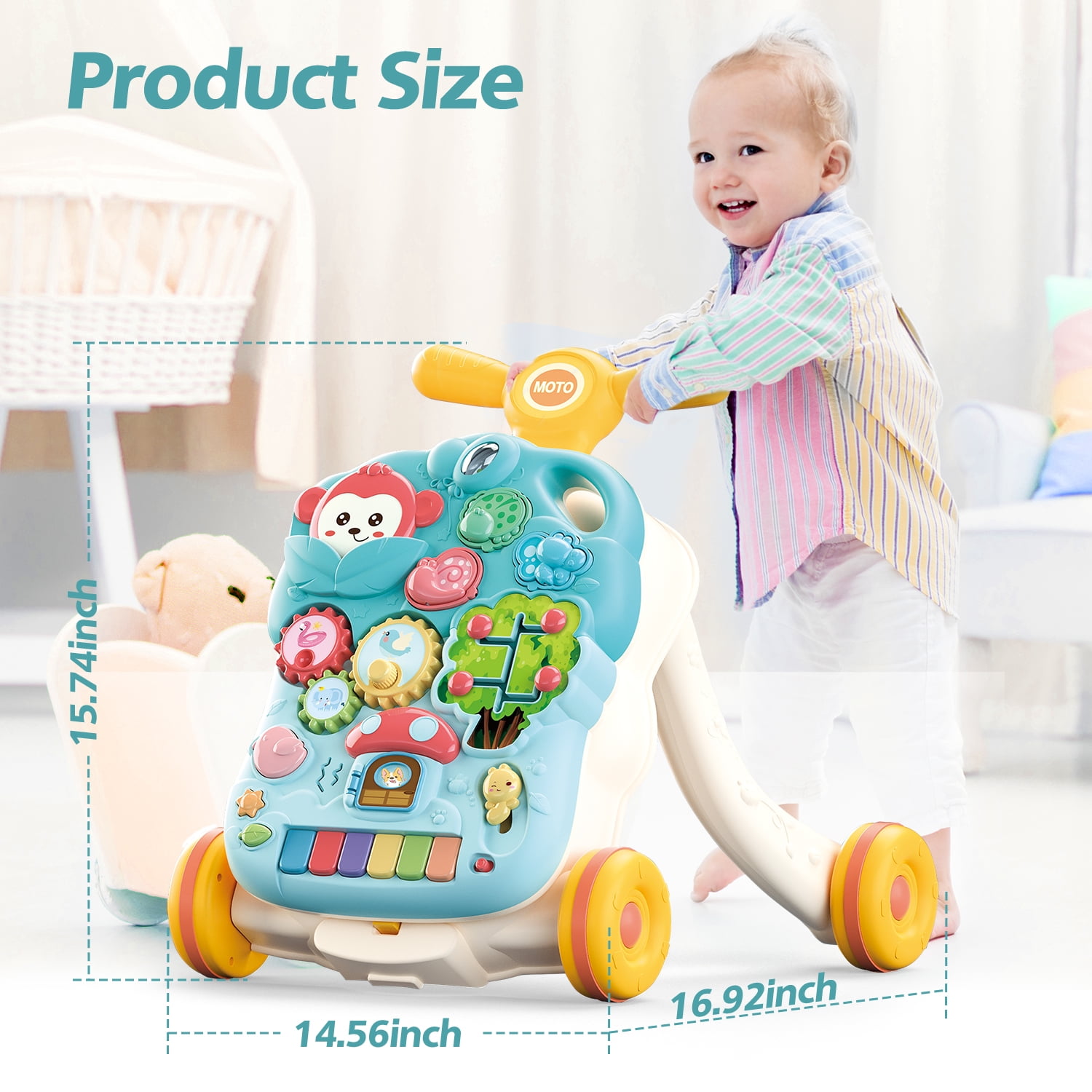 JoyStone 2-in-1 Baby Walker with Musical Play Table, Sit to Stand Toddler Learning Push Toys for 6-18 Months
