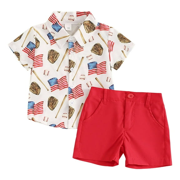Splozh 4th of July Toddler Baby Boy Clothes Baby Boy Outfit Flag Fourth of July Short Sleeve T Shirt Shorts Set Toddler Boy Summer Clothes White,18-24 Months