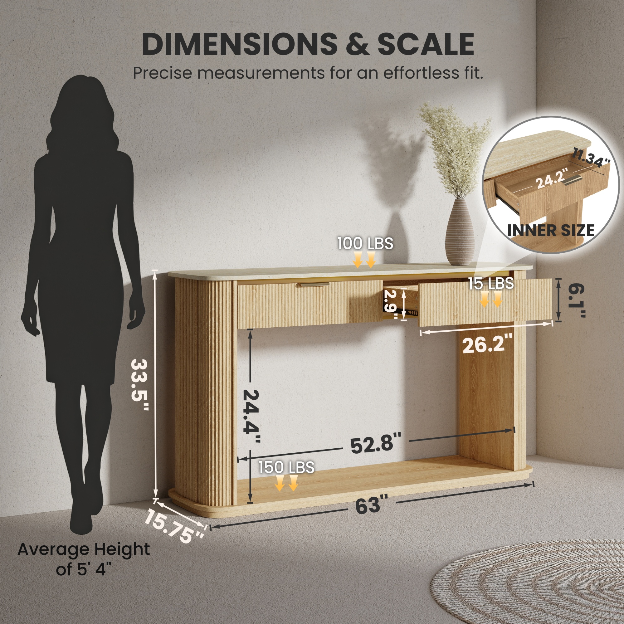 Leumius 63" Modern Curved Edge Entryway Sofa Table with Rose Gold Trim, 2 Drawers and Open Storage Shelf, Accent Hallway Table for Living Room Home Decor