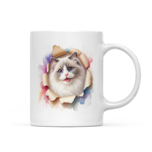 Funny Watercolor Adorable Ragdoll Peeking Through Torn Paper Effect Mug Cat Lover Kitten Owner Gifts Idea Coffee Tea Cup - 00026