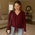 thumbnail image 6 of SOMER Woman Blouses Plus Size Long Sleeve V Neck Waffle Knit Tunic Blouse Tie Front Button Up T Shirts, 6 of 6