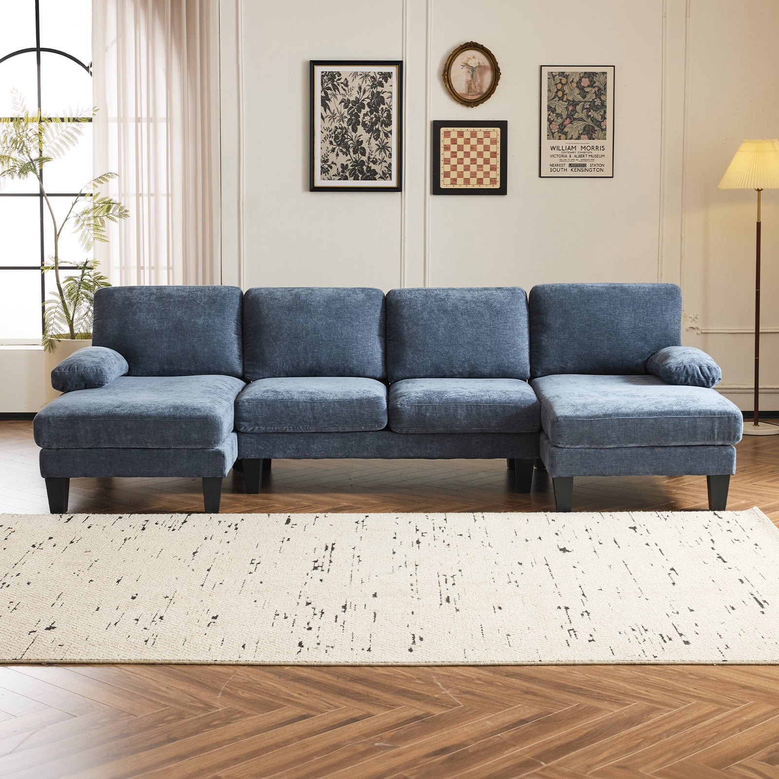 Ktaxon U-Shaped Sectional Sofa, 111"  Chenille Couch, 4 Seat Lounge Sleeper with Double Chaise for Living Room Blue