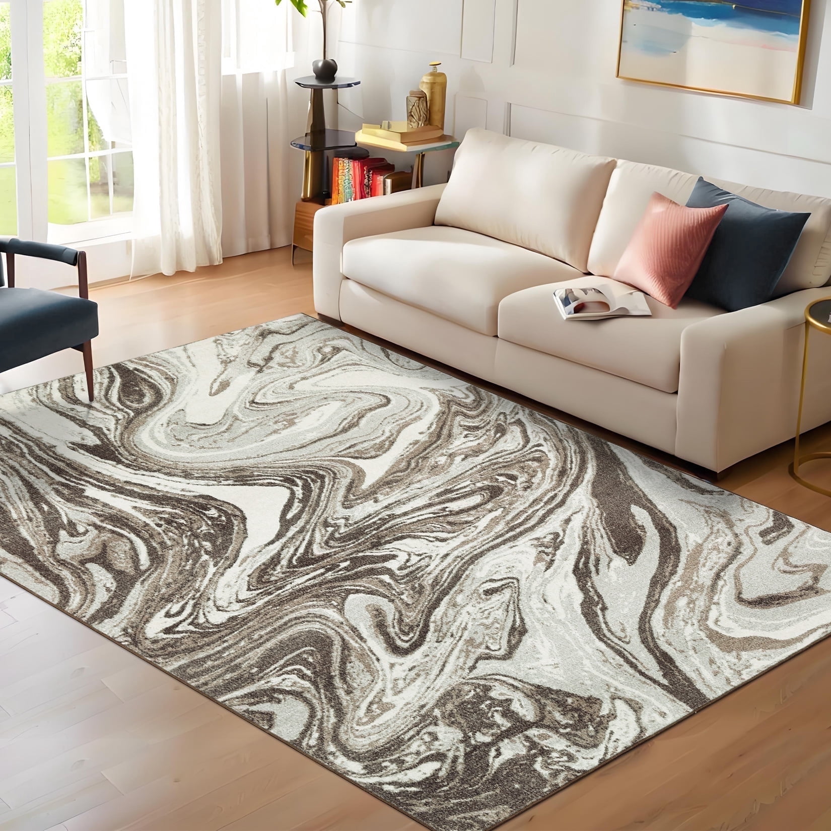 Garvee 8'x10' Large Area Rugs for Living Room Modern Abstract Rug Machine Washable Rug, Stain Resistant Indoor Carpet Low Pile Non-Slip Rugs for Bedroom Dining Room Office Playroom, Camel