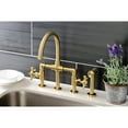thumbnail image 2 of Kingston Brass KS2337NX Hamilton Two-Handle 4-Hole Deck Mount Industrial Style Bridge Kitchen Faucet with Brass Side Sprayer in Brushed Brass, 2 of 7