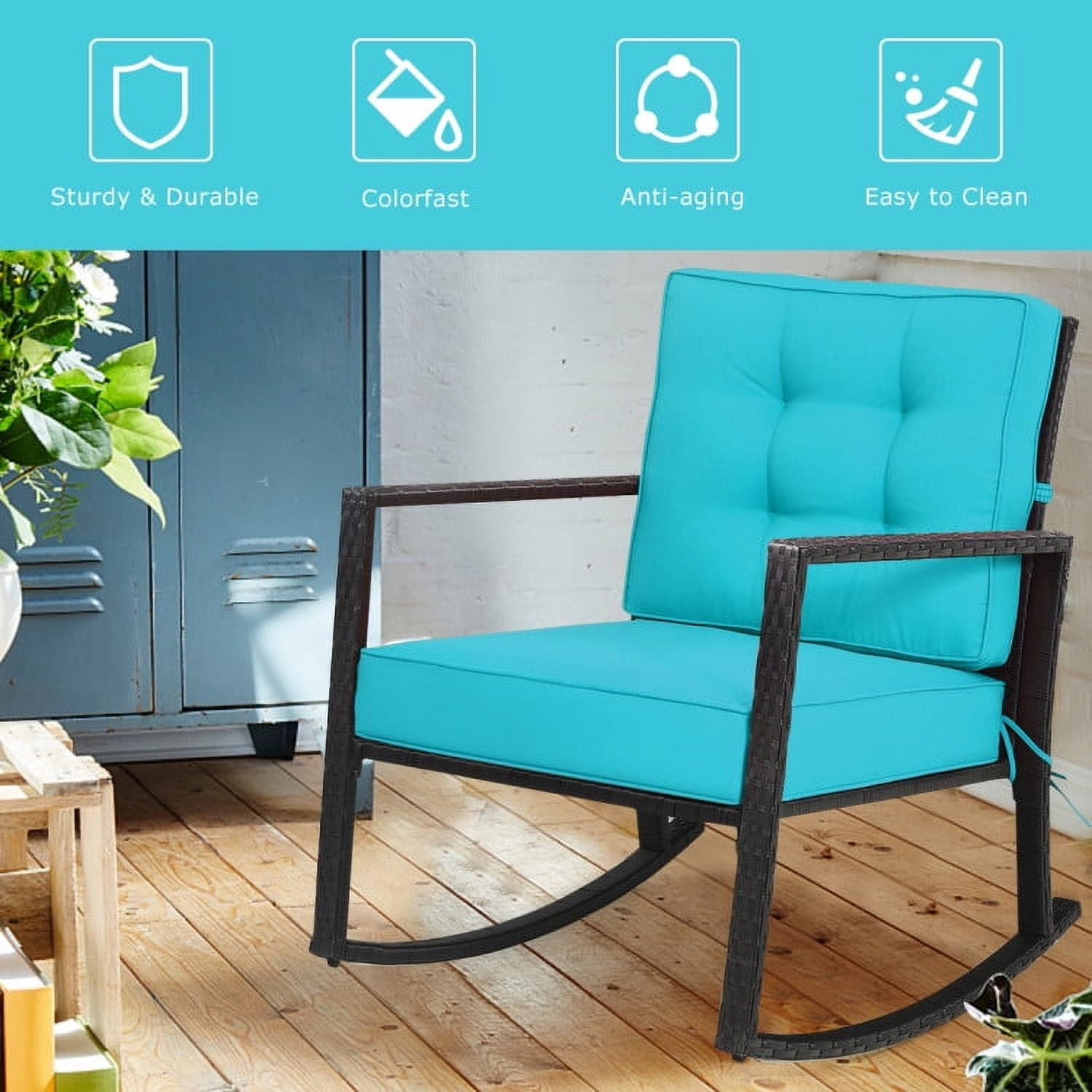 Barara King Rocking Chairs Outdoor, Patio Rattan Rocker Outdoor Glider Rocking Chair Cushion Lawn-Turquoise, Patio Rocking Chairs
