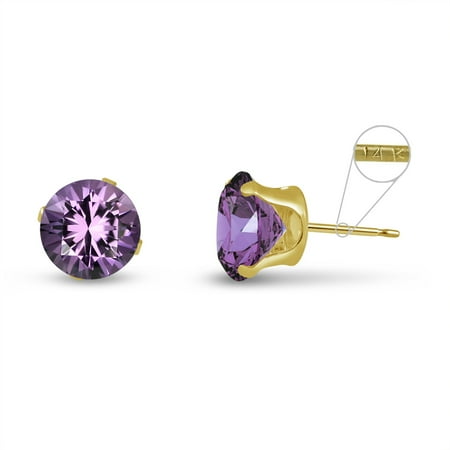 Gold Genuine Amethyst Earring - Round 8mm 14k Yellow Gold Genuine Amethyst 3.2 cttw Stud Earrings, February Birthstone
