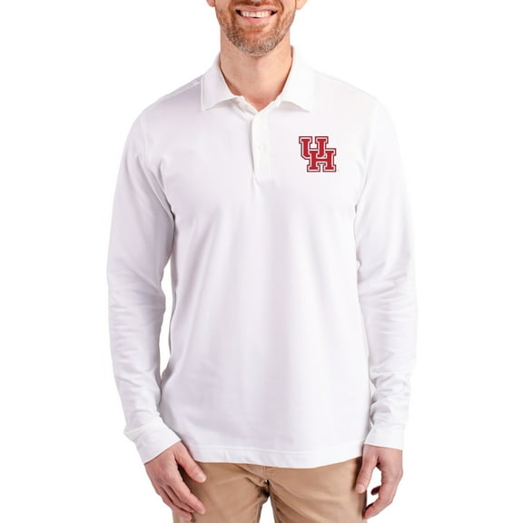 Men's Cutter & Buck White Houston Cougars Advantage Eco Tri-Blend Pique Long Sleeve Polo