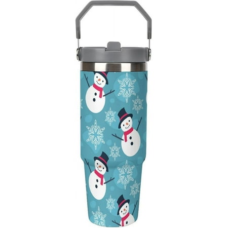 

30 Oz Insulated Tumblers with Flip Straw Lid Top Handle Christmas Snowman Leakproof Reusable Vacuum Stainless Steel Travel Coffee Mug for Car Snowflakes