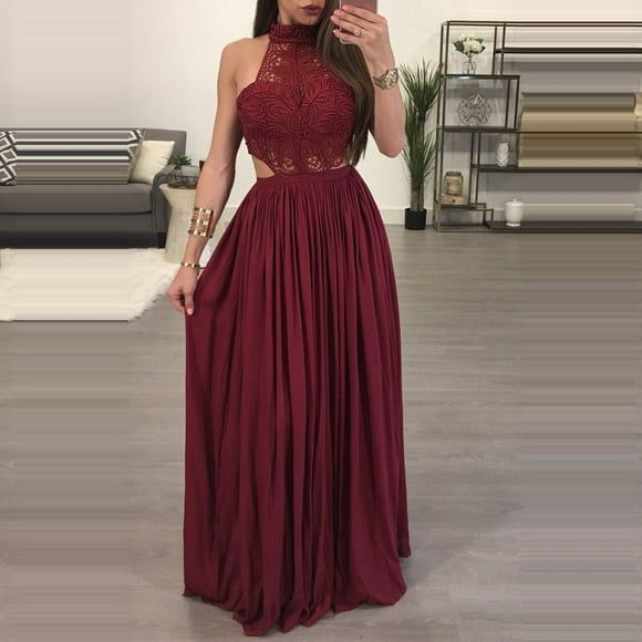 Meichang Formal Halter Floral Lace Dress for Women Sleeveless Tab Collar Prom Dresses Evening Long Gowns Solid Bridesmaid Dresses Flower Embroidery Patchwork Cocktail Party Dress