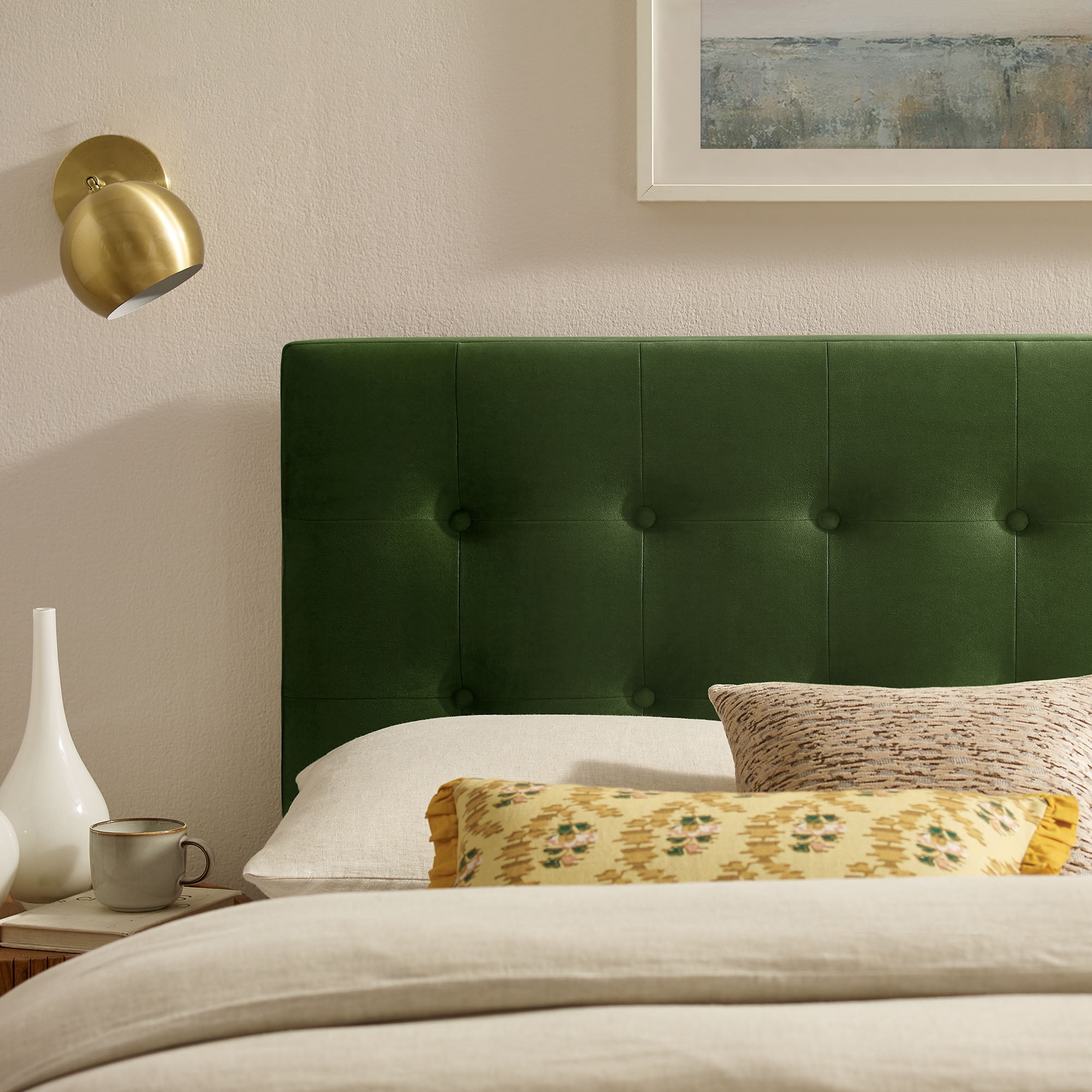 Emily Stain-Resistant Performance Velvet Queen Size Headboard in Moss Green