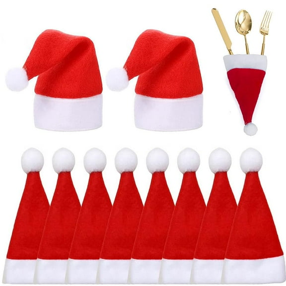 10 Pcs Mini Santa Hats Cup Bottle Covers Silverware Holders for Crafts, Red Tiny Mini Santa Hats for Silverware Holders, Candy Covers, Christmas Party Dinner Table Flatware Decor