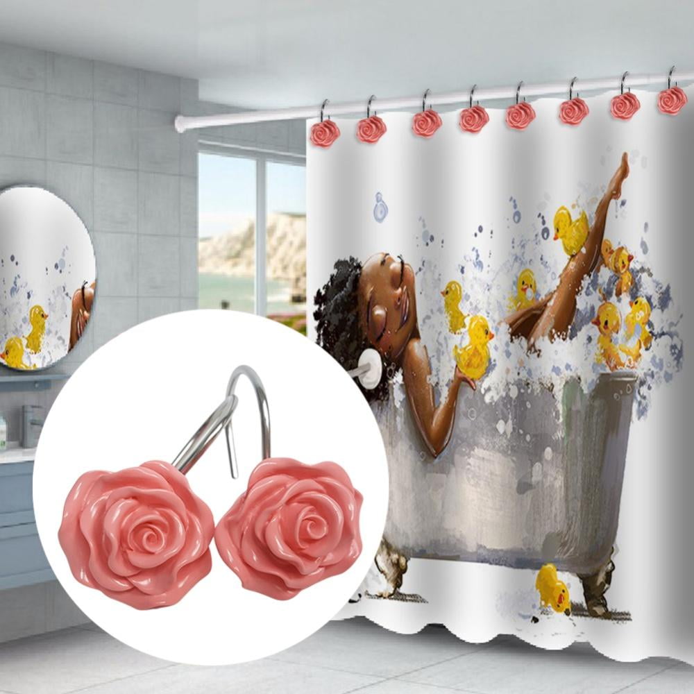 Shower Curtain Hooks Home Decorative Rustproof Resin Rose Flower Rings Rods S 