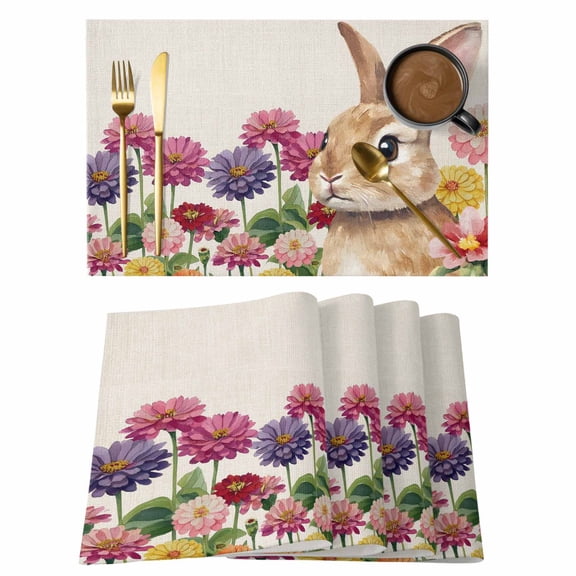 Easter Bunny Placemats Set of 8, Spring Colorful Daisy Flowers Rabbit Vintage Placemats for Dining Table, Place Mats for Kitchen Tabletop, Waterproof Wipeable Dining Table Mats Set