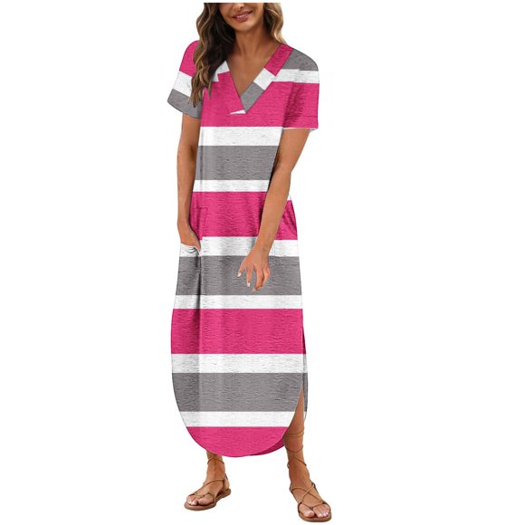 Tumotour Summer Dress For Women Printed Floral Dress Short Sleeve Beach Dress Casual V-Neck Long T-Shirt Dress Travel Vacation