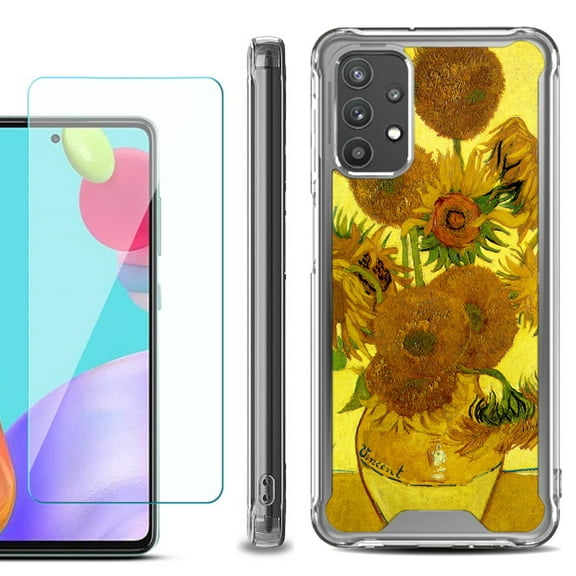 Shockproof Bumper Phone Case for Samsung Galaxy A52 5G, with Tempered Glass Screen Protector, by OneToughShield ® - Sunflower