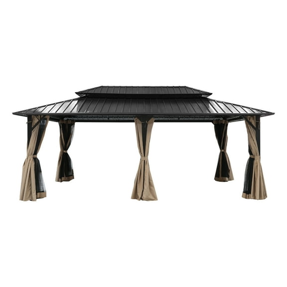 12'x20' inch Hardtop Gazebo with Double Roof & Mosquito Netting, Khaki All-Weather Outdoor Shelter - Extra Large Patio Canopy with Dual-Layer Ventilation