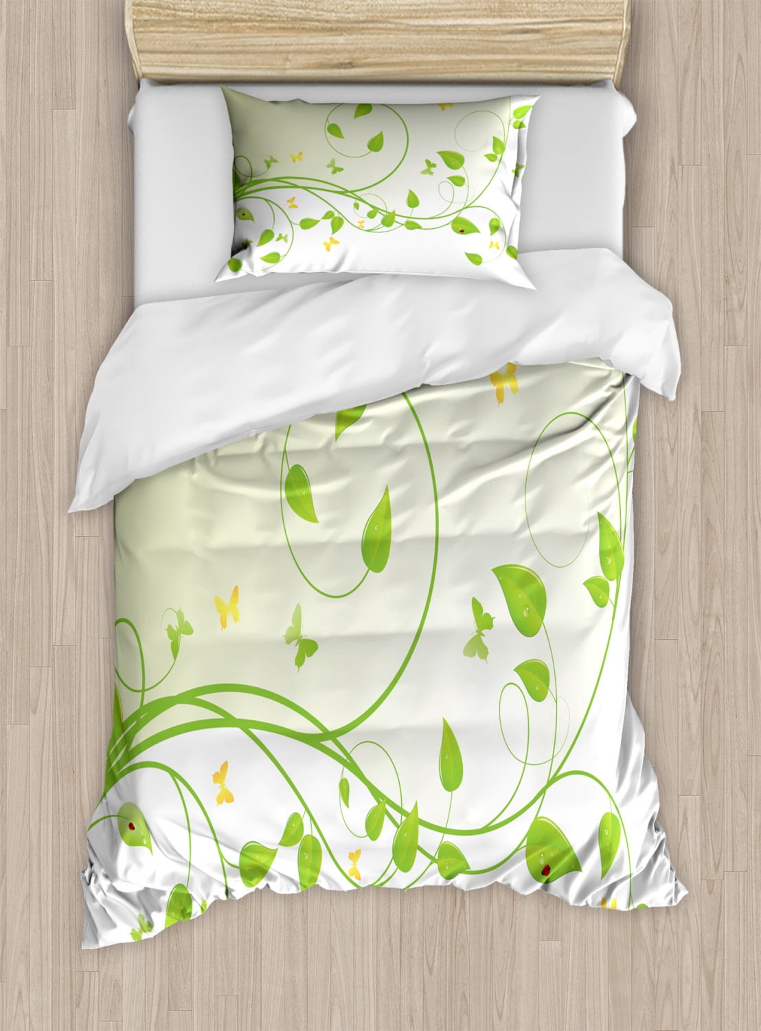 Vine Duvet Cover Set Twin Size, Flourishing Sapling Pattern with