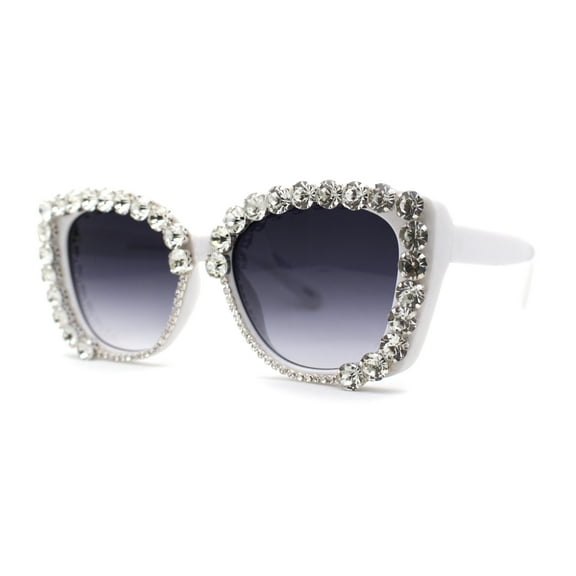 Super Dripping Huge Rhinestone Full Bling Cat Eye Sunglasses White Smoke