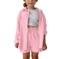 thumbnail image 3 of Iyufng Girls' Outfit Sets 2 Pieces, Solid Color Long Sleeve Button-Down Shirt and Shorts Set, Summer Casual Clothing Sets, 3 of 9