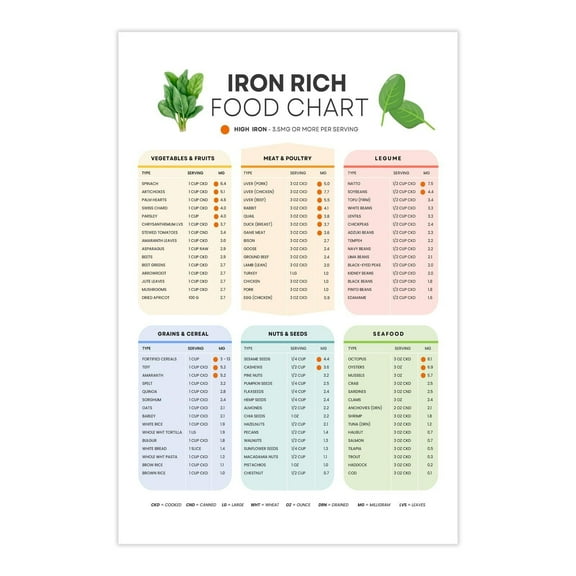 Iron Rich Foods Chart Poster High Iron Foods or Deficiency Diet Shopping Guide Kitchen Pictures Wall Decor Healthy Eating Art for Dining Room