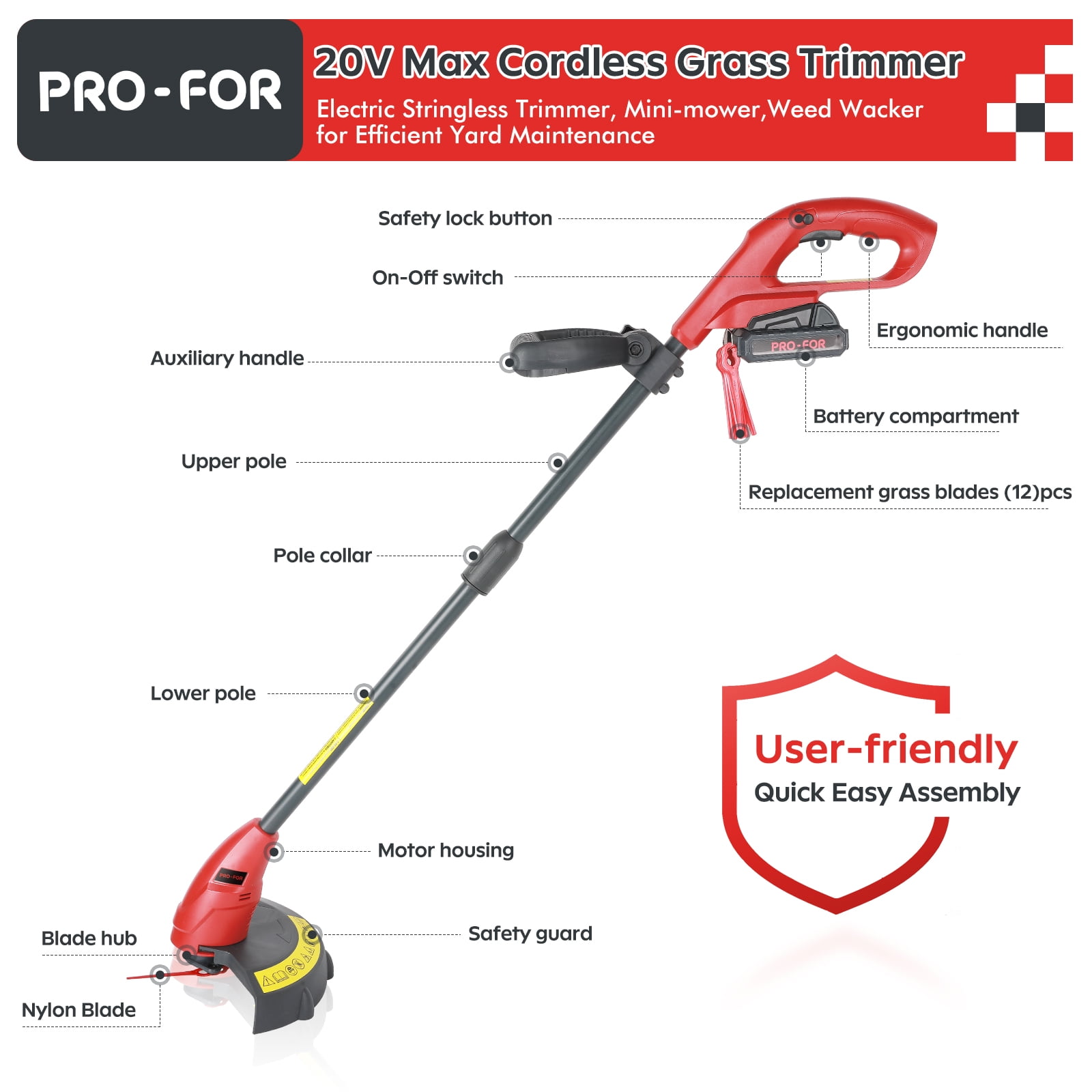 PRO-FOR 20V Lightweight Stringless Grass Trimmer, Battery Powered Weed Eater, Cordless Electric Weed Trimmer with Battery and Charger